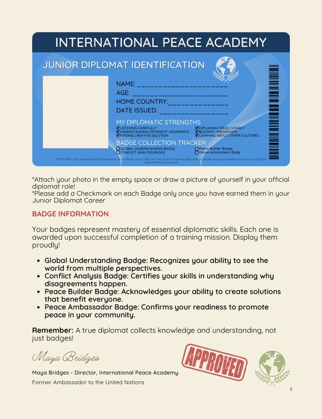 Junior Diplomat ID card page from the book